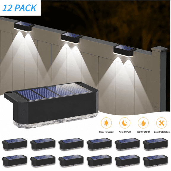 Hovmap 12 Pack Solar Fence Lights, Solar Deck Lights, Outdoor Step Lights, Solar Stairs Lights for Railing Fence Yard Garden, Cool White, Black