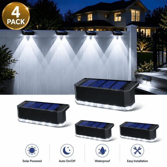 Hovmap Solar Fence Lights Outdoor, Waterproof LED Solar Powered Deck Lights, Step LED Lighting,Landscape Spotlights for Railing, Fence, Yard, Patio,Cool White, Black 4 Pack