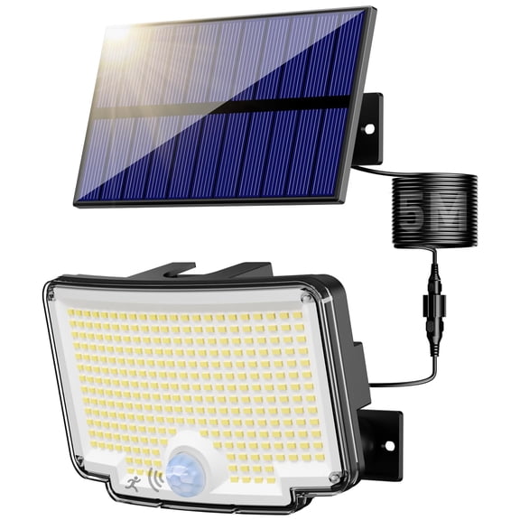 318 LED Solar Light with Separate Panel, 270° Wide Angle Solar Motion Lights Outdoor with 3 Modes, Solar Outdoor Flood Light for Garden Barn Porch Garage Yard, White Light, Black