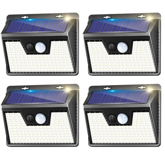 Hovmap Solar Wall Lights Outdoor, 4 Pack 140LED Cool White Motion Sensor, 3 Modes, IP65 Waterproof Wireless Security Light for Patio, Fence, Deck, Door, Pathway, Black