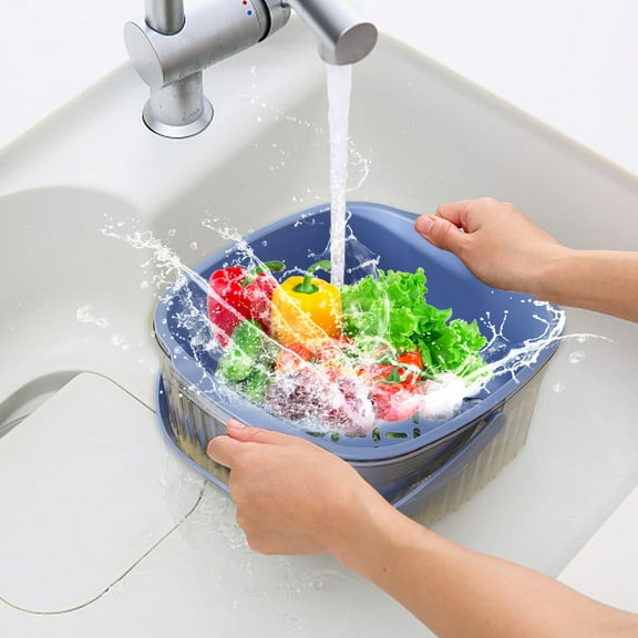 Hovmgk 2 Pack Large Kitchen Strainer Colander Bowl Set, Double-Layer Plastic Fruit Vegetable Washing Basket, Detachable Colander for Cleaning, Washing, and Mixing, Convenient, White/Blue/Yellow