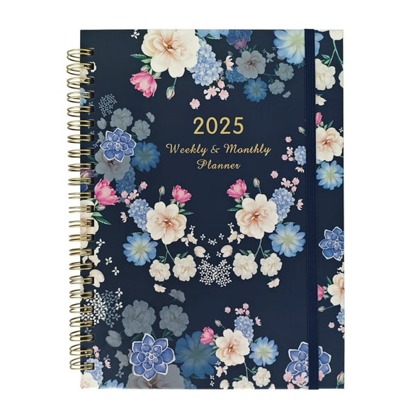 Hovmgk 2025 English A5 Plan Book with Dividers, Coil Bound Monthly & Weekly Planner, Office Stationery Organizer with Inspirational Quotes, Navy Blue Floral Design, Ideal for School & Office Use