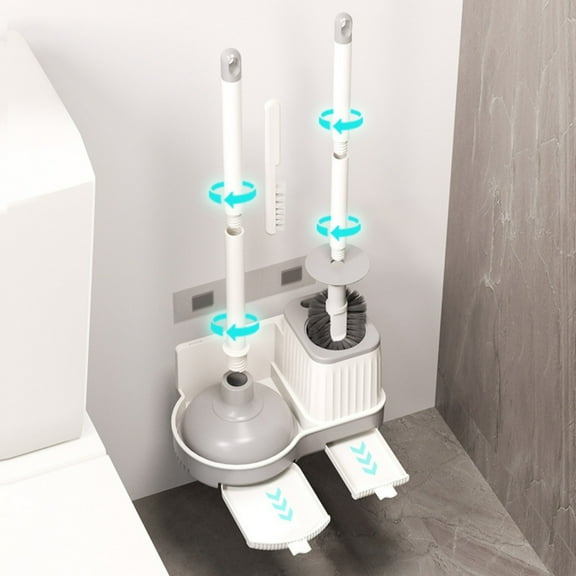 Hovmgk 3-in-1 Toilet Brush Set, Multi-Purpose Bathroom Cleaning Kit with TPR Unclogger, Plastic Crevice Brush and Wall-Mounted Storage Stand, Ventilated for Easy Storage and Drying