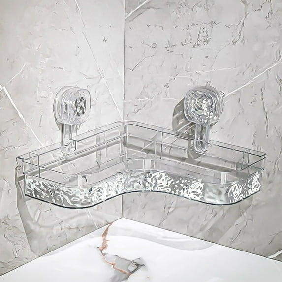 Hovmgk Bathroom Corner Storage Shelf, No Perforation Wall-Mounted Shelf with Powerful Suction Cups, Plastic Bathroom Organizer for Shampoo & Body Wash, Drainage, Sleek Design for Bathroom & Kitchen