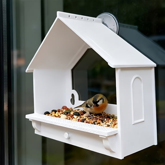 Hovmgk Birds Food Dispenser, White Hanging Outdoor Bird Feeder with Suction Cup & Pole Mount, Waterproof Bird Feeder for Windows, Garden & Balcony, Durable Plastic, Easy to Clean & Maintain