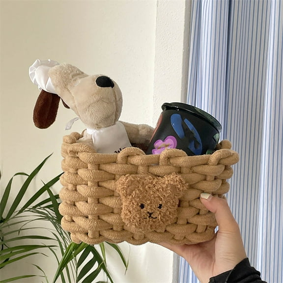 Hovmgk Cotton Bear Woven Desktop Storage Basket, Foldable Cute Rope Basket Organizer for Cosmetics, Toys, Remote Controls, Jewelry and Nursery, Soft Handcrafted Storage Bin for Home & Office