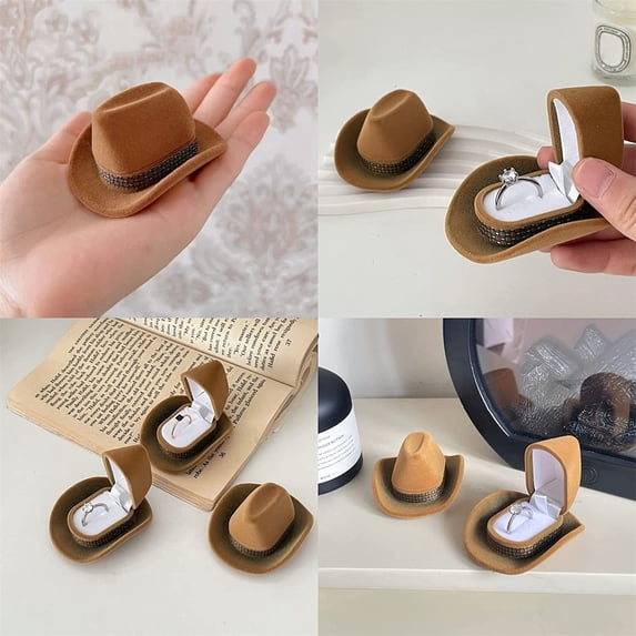 Hovmgk Cowboy Hat Ring Box, Velvet Jewelry Case, Retro Ring Storage Pouch, Flocked Material 6.2×7.0×3.9cm, Jewelry Display Supplies, Small Accessory Protection for Women, Jewelry Lovers