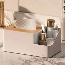 Hovmgk Desktop Tissue Organizer & Remote Control Holder, Wooden & Plastic Multi-Storage Shelf, White, Stylish Tissue Box with Multi-Purpose Storage for Bathroom, Bedroom & Living Room