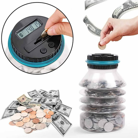 Hovmgk Digital Coin Bank with LCD Display, Clear Jar for Coin Savings, Twist-Off Lid, Easy Coin Retrieval, Battery Operated, Fun Money Bank for Kids & Adults, Transparent Design