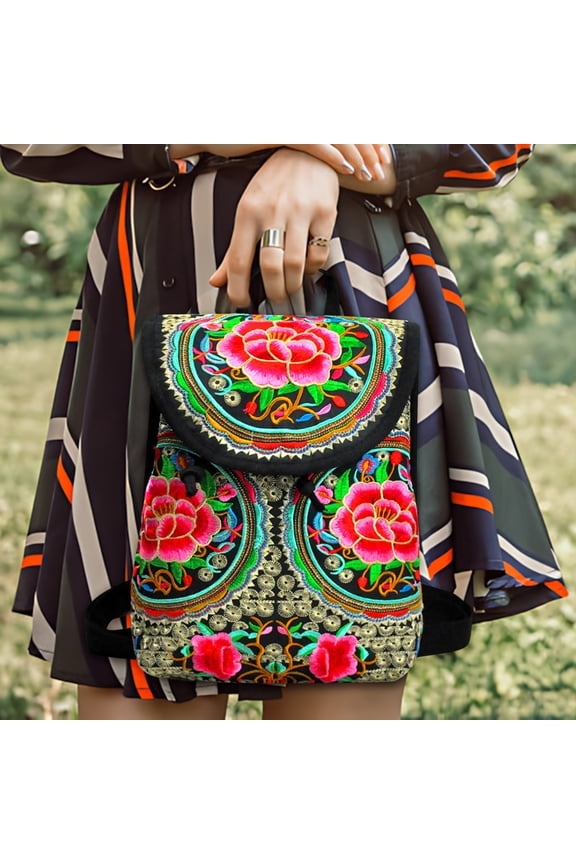 Ethnic Style Embroidered Small Backpack, Yunnan Embroidered Shoulder Bag, Canvas Fabric, Unique Handcrafted Design for Travel, Daily Use, Compact Backpack for Women and Men