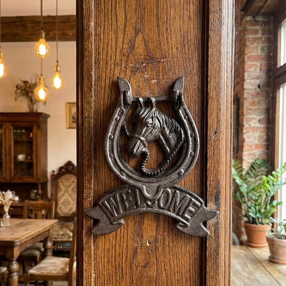 Hovmgk European Style Vintage Cast Iron Horse Head Door Knocker, Rustic Wall Decoration & Farmhouse Door Pull Handle, Decorative Iron Horse Knocker for Outdoor & Garden