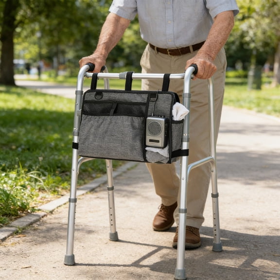 Hovmgk Foldable Walking Frame Bag, Wheelchair Side Organizer with Large Capacity & Cup Holder, Practical Storage for Medication, Snacks, Glasses, and Daily Essentials, Ideal for Seniors and Disabled