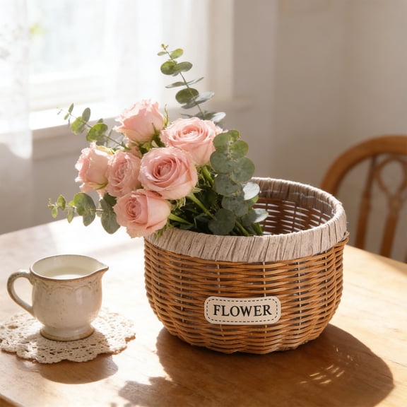 Hovmgk Hand Woven Rattan Flower Basket, Decorative Planter Pot for Succulents, Orchids & Greenery, Rustic Garden & Home Decor, Elegant Centerpiece, Large Size, Eco-Conscious Design