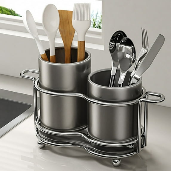 Hovmgk Kitchen Countertop Tool Stand, Stainless Steel Knife & Spoon Drying Rack, Hygienic Cutlery Organizer with Non-Slip Base, White & Black, Space-Saving Kitchen Storage Solution
