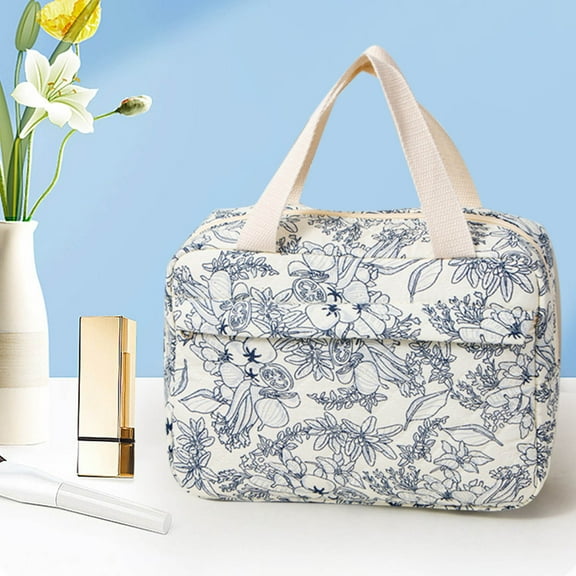 Hovmgk Large Capacity Cosmetic Bag, Quilted Cotton Organizer, Portable Tote, Partitioned Clean Design, Beauty Supplies, Tidy Makeup Storage for Travelers, Women