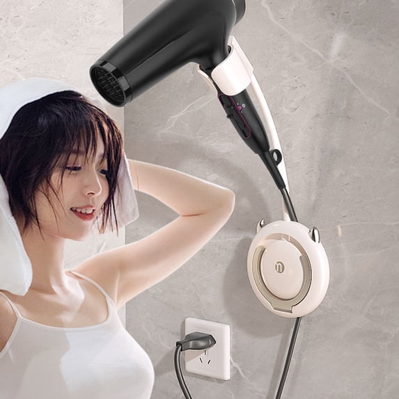Hovmgk Lazy Hair Dryer Rack with Rotating Bracket, Wall-Mounted Hair Dryer Holder with Swivel Function, Adhesive Mount for Space-Saving Bathroom Organization, Easy Installation and Maximum Load 12lbs