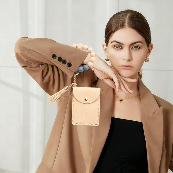 Hovmgk Leather Wallet Card Case, Multi-Card Keyring Coin Purse, Solid Color Compact Wallet with Scalloped Edges, Polyurethane Leather Small Key Holder for Women, Yellow/Gray/Pink/Black/Green