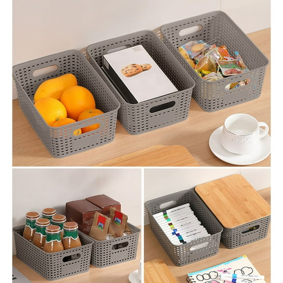 Hovmgk Plastic Hollow Woven Storage Basket with Lid, Stackable Toy and Book Organizer for Shelves, Desktops, Offices, Durable Plastic Bin for Sundries and Game Rooms, 26.1x18.4x10.4cm