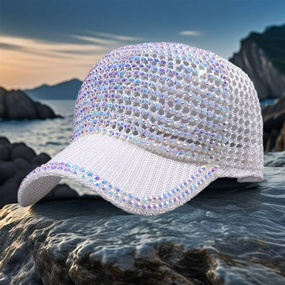 Hovmgk Rhinestone Baseball Cap, Adjustable Bling Sun Hat with Mesh and Ponytail Hole, Stylish Casual Sports Cap for Women & Men, Breathable, Sun Protection for Outdoor Activities, Khaki, Black, Pink