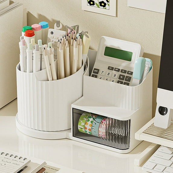 Hovmgk Rotating Desktop Pen & Pencil Makeup Storage Box, Plastic Organizer for Office & School Stationery, Cosmetic Organizer with Rotatable Design, Ink/White/Yellow, Ideal for Small Items