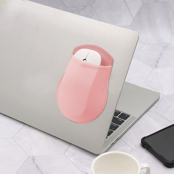 Hovmgk Self Adhesive Mouse Storage Bag, Compact Laptop Back Sticker Storage Pouch for Mouse, Cables & Small Items, Seamless Elastic Lycra Material, Easy to Install & Reposition, Pink/Gray