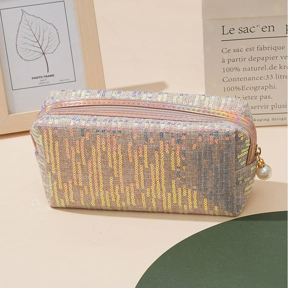 Hovmgk Sequin Makeup Bag 7.2×2.9 Inch, Portable Storage Pouch, Spacious, Cute, High-Appearance – Ideal for Travel, Daily Use, Suitable for Makeup Lovers, Women, Gold