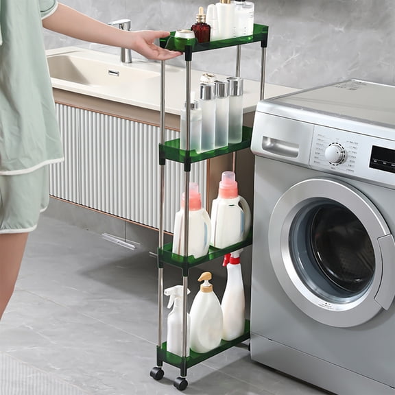 Hovmgk Slim Rolling Storage Cart, 4-Tier Mobile Shelving Unit with Wheels for Narrow Spaces, Easy Assembly, Coffee/Green, Multi-Use for Laundry Room, Kitchen, Bathroom, and More, 102x35x12cm