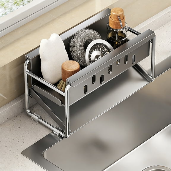 Hovmgk Stainless Steel Sink Rack, Hanging Kitchen Organizer, Double-Layer Drainage Shelf for Kitchen & Bathroom Storage, Space-Saving Countertop Organizer with Water Filtration