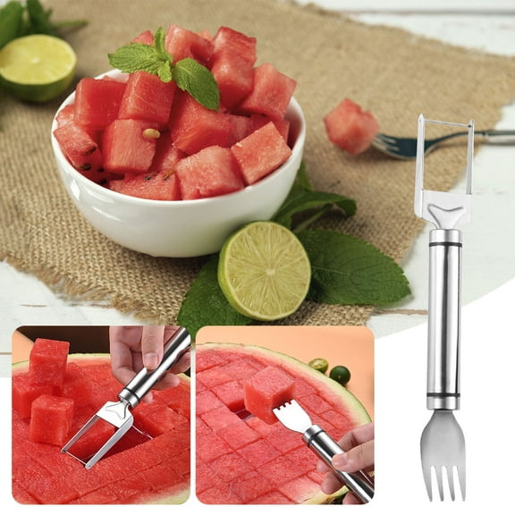 Hovmgk Stainless Steel Watermelon Cutter & Fork, 2-in-1 Automatic Blade & Double-Line Handle, Multifunctional Fruit Divider for Easy Serving & Quick Melon Slicing, 1pc