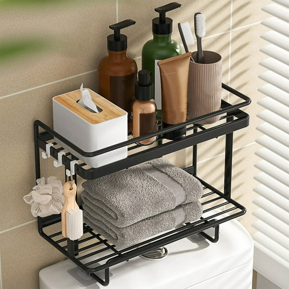 Hovmgk Toilet Tank Rack, Multifunctional Bathroom Storage Shelf, Iron Construction with Multiple Storage Areas, Easy Installation & Efficient Space-Saving Design for Toiletries, Black & White