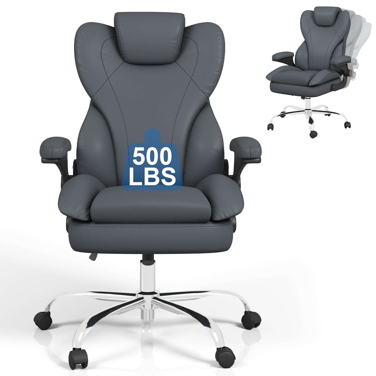Hovos Big and Tall Office Chair with Flip-up Arms, Ergonomic Home Computer Desk Leather Chair, 360° Swivel Computer Desk Chair, Quiet Nylon Wheels, Gray