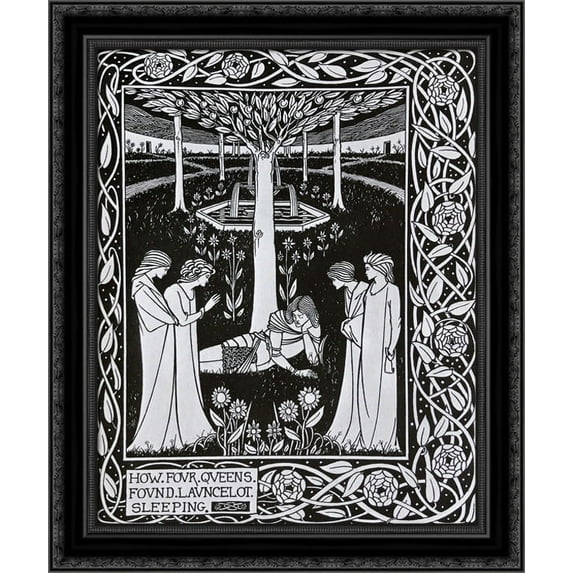 How Four Queens found Launcelot Sleeping 20x24 Black Ornate Wood Framed Canvas Art by Beardsley, Aubrey
