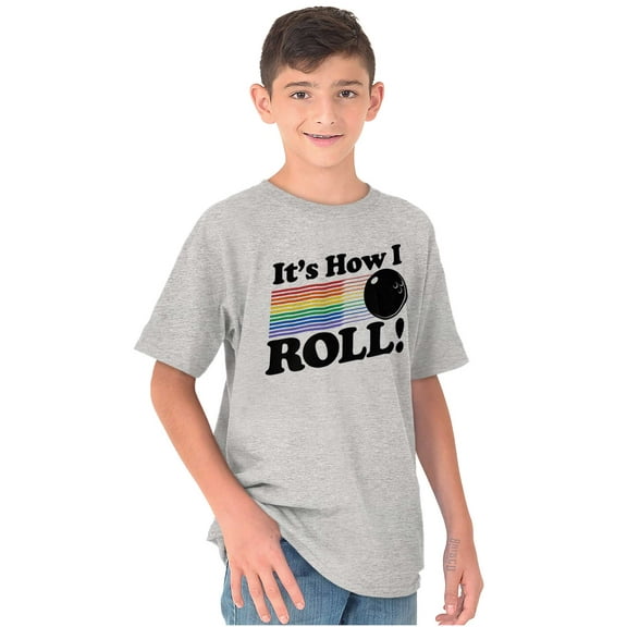 How I Roll Funny Bowling Ball Pun Crewneck T Shirts Boy Girl Teen Brisco Brands L