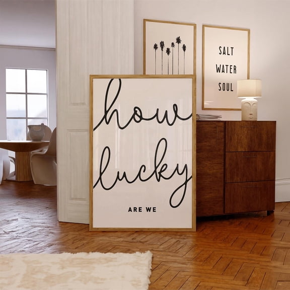 How Lucky Are We Print, Minimalist Script Wall Art Home Decor #678, Unframed Canvas Size 8x12