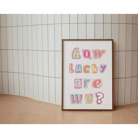 How Lucky Are We Scrapbook Letters Typography Aesthetic Apartment Preppy Decor, Unframed Canvas 16x20in