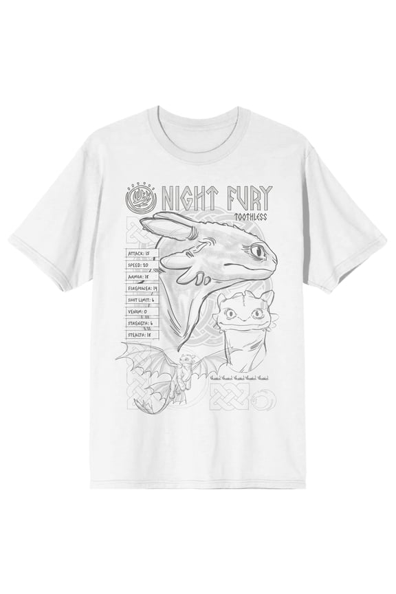 How To Train Your Dragon Night Fury Toothless Line Art Adult White Crew Neck Short Sleeve T-shirt - Medium