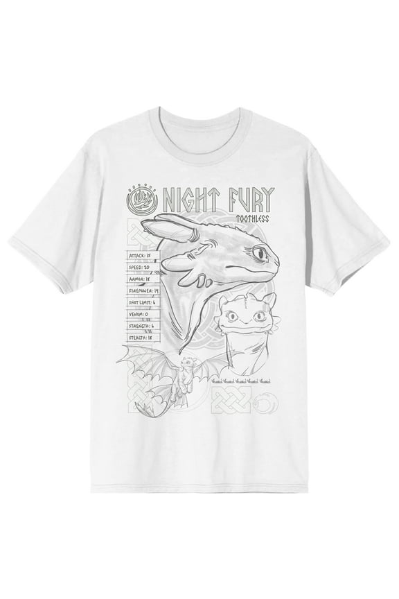 How To Train Your Dragon Night Fury Toothless Line Art Adult White Crew Neck Short Sleeve T-shirt - XL