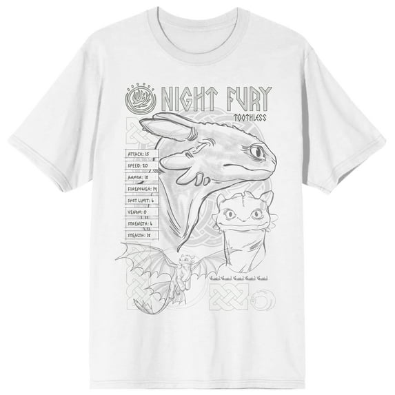 How To Train Your Dragon Night Fury Toothless Line Art Adult White Crew Neck Short Sleeve T-shirt - XXL