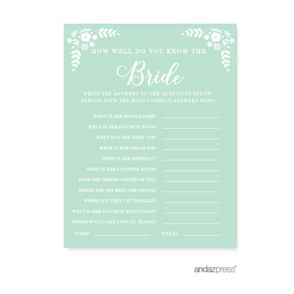 How Well Do You Know The Bride?  Floral Mint Green Wedding Bridal Shower Game Cards, 20-Pack