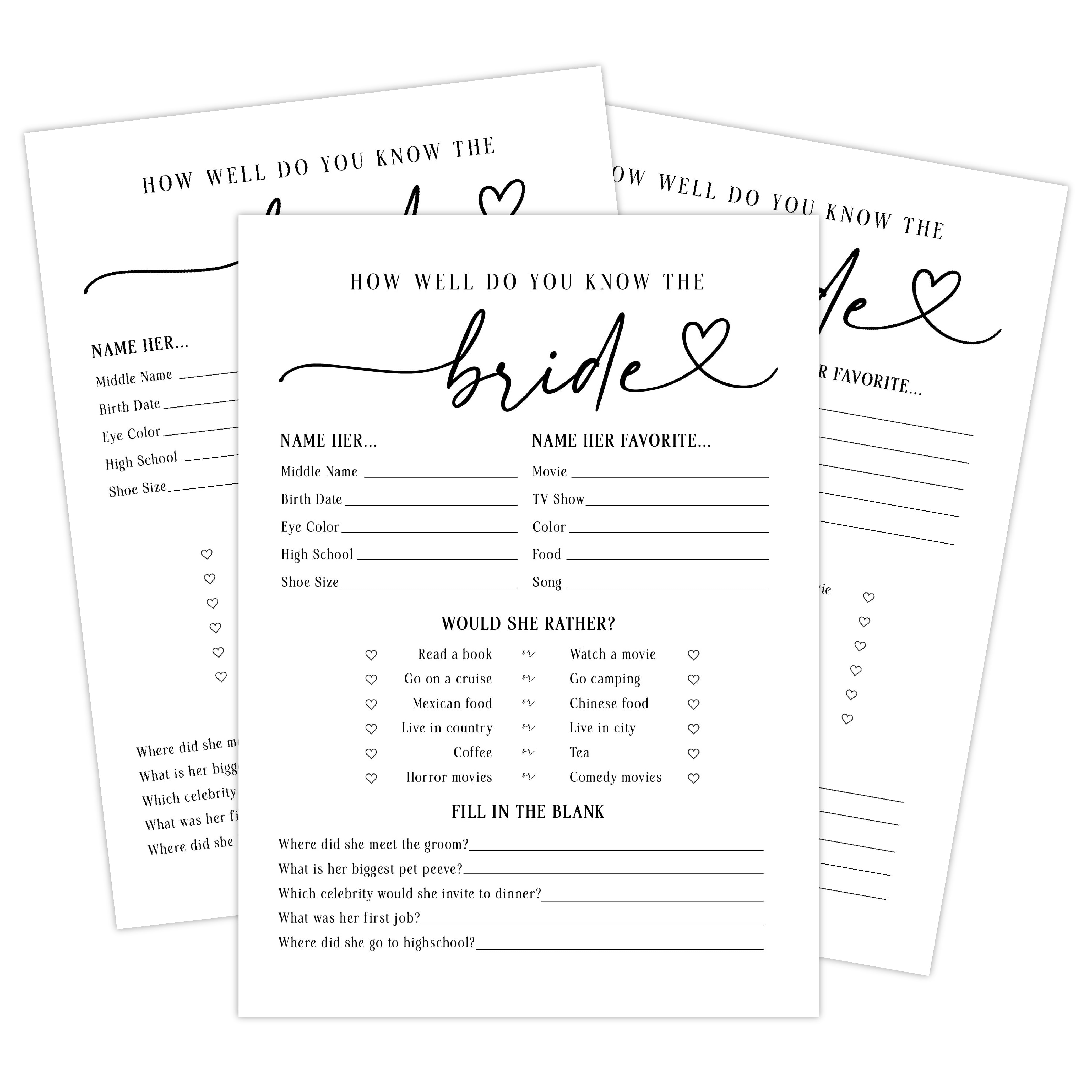 How Well Do You Know the Bride Bridal Shower Game, Fun Wedding Games ...