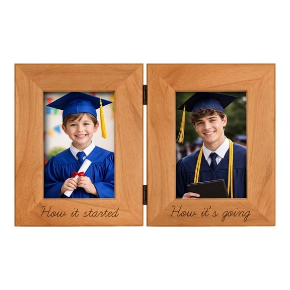 How it Started - How it's Going - Graduation Frame - Natural Wood Hinged 2 Side by Side Portrait 4x6 Photo Frames