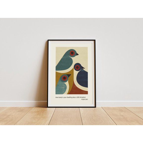 How lovely is your dwelling place Lord almighty Psalm 84:1; Mid-century Japanese bird Wall Art Print;Bible Verse poster; gift for Christian UNFRAMED