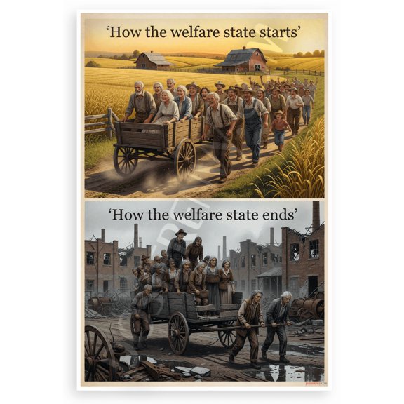 'How the Welfare State Starts' and 'Ends' Symbolic Historical 12x18 US Made Poster