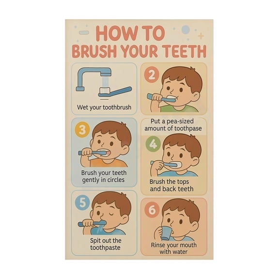 How to Brush Your Teeth Poster Step by Step Visual Instructions Educational Kids Learning Wall Art for Home Bathroom