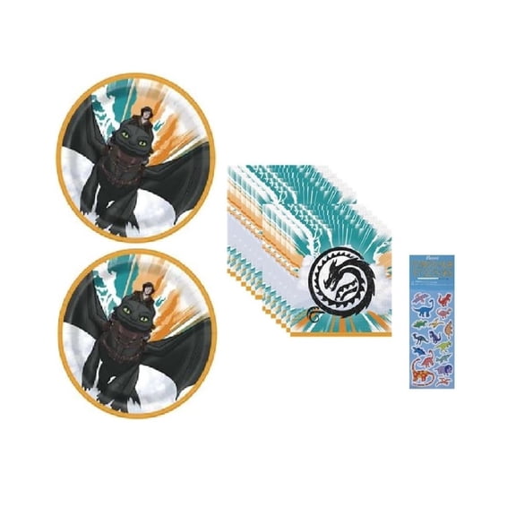 How to Train Your Dragon Birthday Party Supplies Bundle Set includes 16 Dessert Cake Plates 7", 16 Paper Napkins, 1 Dinosaur Sticker Sheet