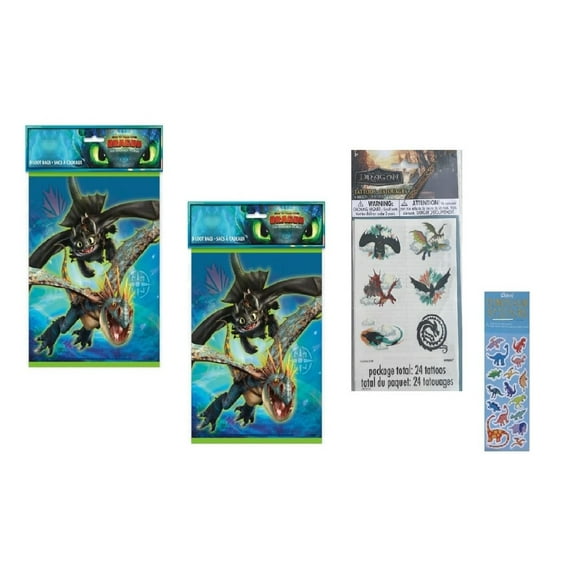 How to Train Your Dragon Birthday Party Supplies Bundle includes 16 Plastic Loot Bags, 24 Tattoos, 1 Dinosaur Sticker Sheet