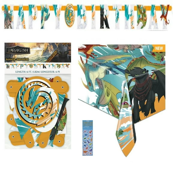 How to Train Your Dragon Birthday Party Supplies Bundle includes 1 Happy Birthday Banner, 1 Table Cover, 1 Dinosaur Sticker Sheet