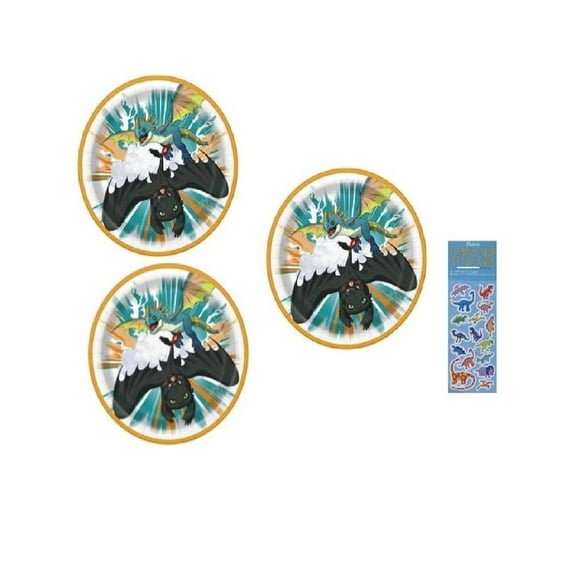 How to Train Your Dragon Birthday Party Supplies Bundle includes 24 Lunch Paper Plates 9" and 1 Dinosaur Sticker Sheet