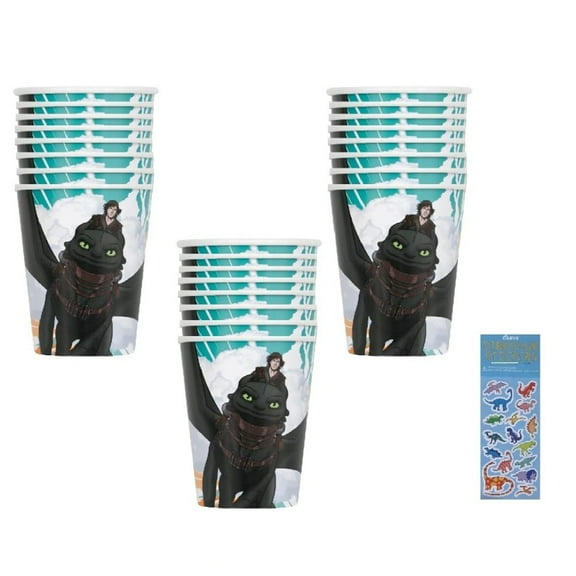 How to Train Your Dragon Party Supplies Bundle includes 24 Party Paper Cups 9oz and 1 Dinosaur Sticker Sheet