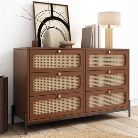 HowCool WF002 Modern Cannage Rattan Wood Closet 6-Drawer Dresser Wood Storage Cabinet Sideboard for Bedroom, Living Room & Entryway & Hallway, Walnut